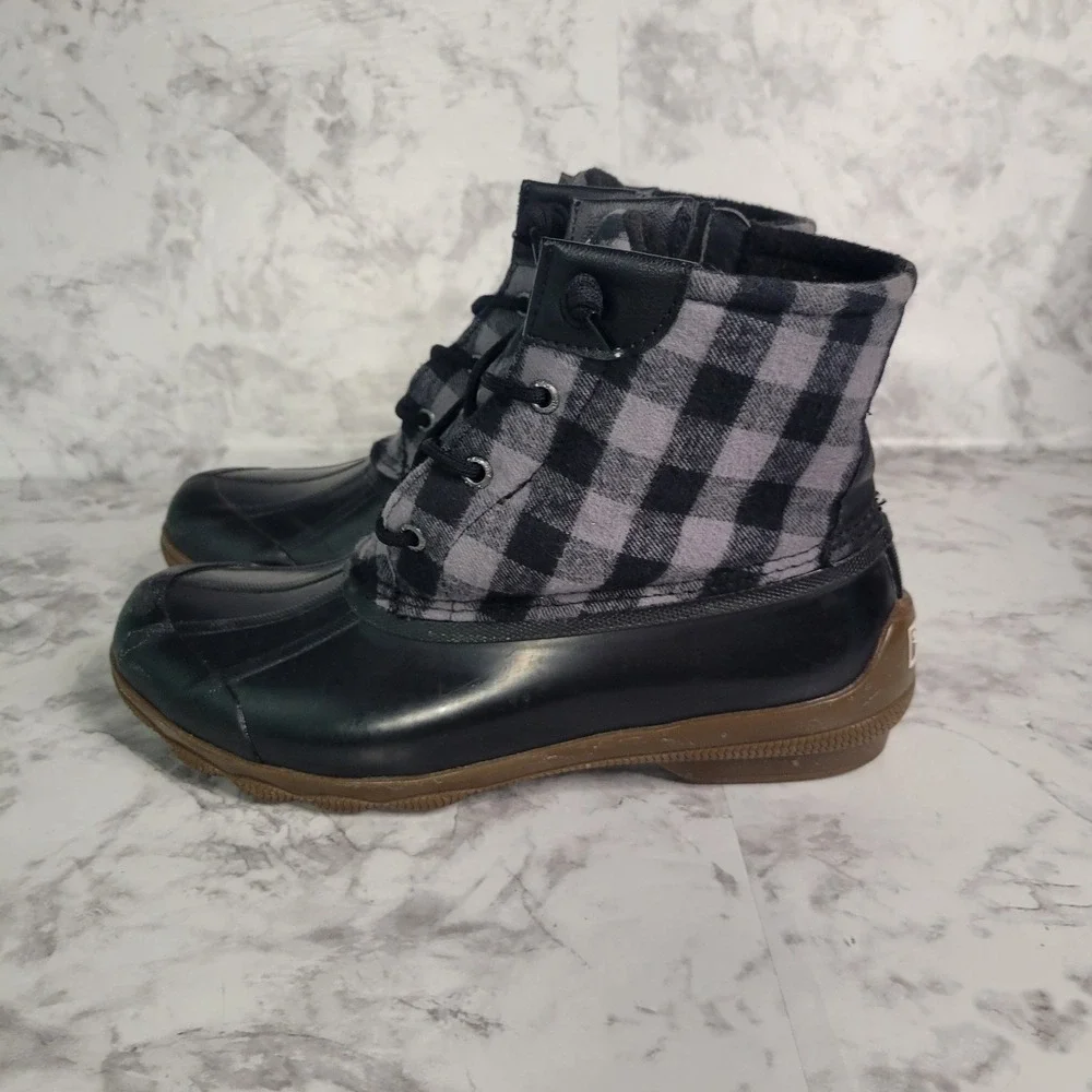 Sperry Saltwater Duck Boots Womens Black Grey Buffalo Plaid‎ Flannel